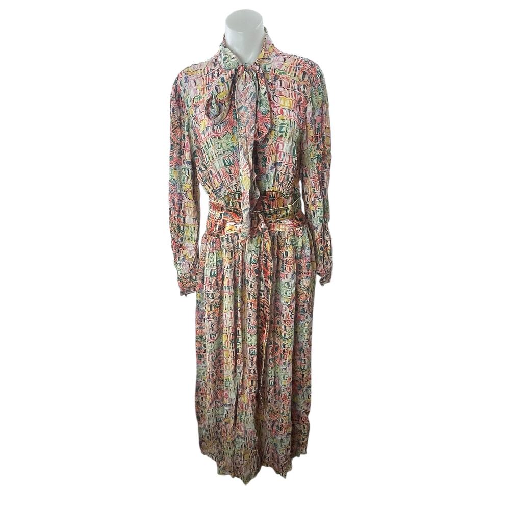 Sies Marjan Multicolor Abstract Long Sleeve Tie Neck Belted A Line Maxi Dress 4